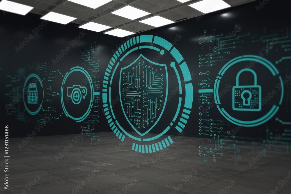 Poster cybersecurity shield: digital protection and data security