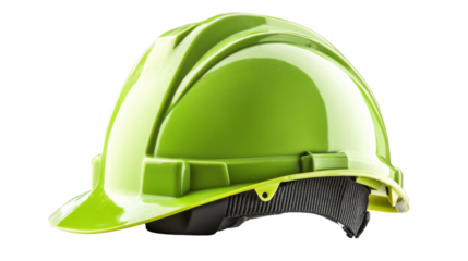 Green safety helmet isolated on transparent background ensuring workplace protection