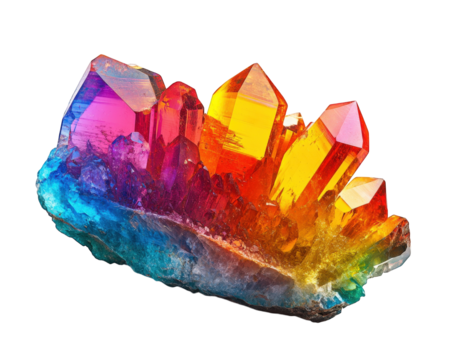 Colorful rainbow gemstone with sharp crystal formations on transparency background