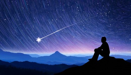 Fototapeta premium meditation in the mountains. Silhouette of man sitting on mountain and night sky with shooting star. Alone concept.