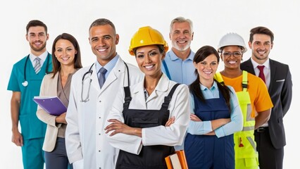 Diverse Group of Professionals in Uniforms Smiling Against a Bright White Background