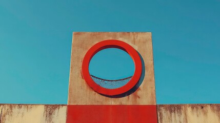 Basketball hoop, red ring and net on backboard, clear blue sky