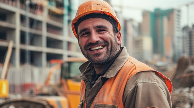 Wide angle Photograph of a smiling construction equipment operator on a construction site wearing beige-brown work clothes with orange accents
