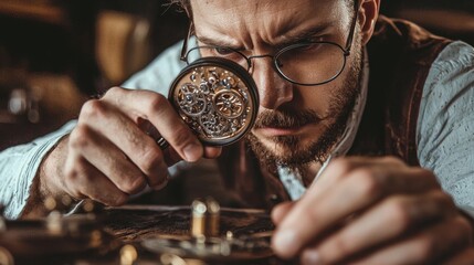 Close-Up of Man Inspecting Watch Gears with Magnifying Glass