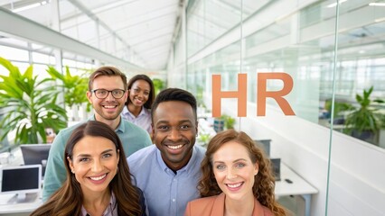 Diverse Group of Professionals Smiling in Modern Office Environment with HR Signage Visible