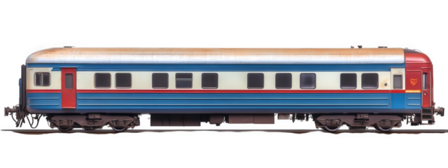 vintage passenger train car with blue and red exterior, showcasing classic design elements. This isolated image highlights train unique features and structure