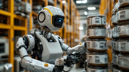 White and Yellow Robot in a Warehouse Managing Inventory