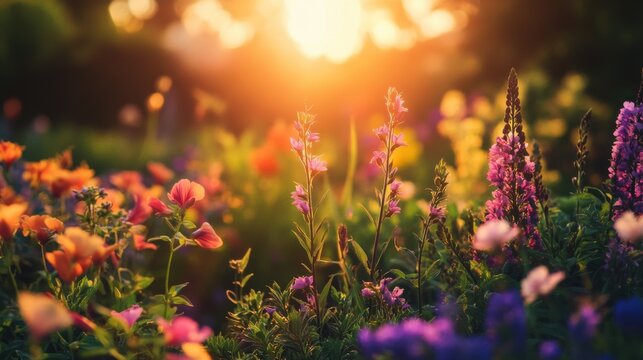 Vibrant photo of a colorful flower garden with blooming plants. Morning sunlight creating a warm ambiance. Emphasizing nature's beauty and tranquility. Perfect for gardening and nature content.