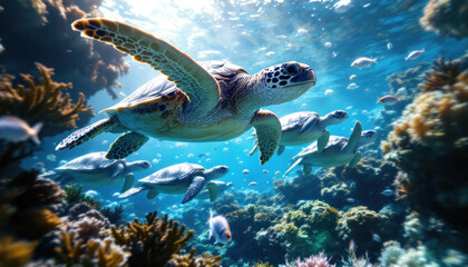 Naklejka premium Sea Turtles Gracefully Swim Through Vibrant Coral Reef