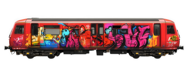 vibrant train covered in colorful graffiti artwork, showcasing urban art and creativity. bold designs and bright colors make it striking visual element in any cityscape