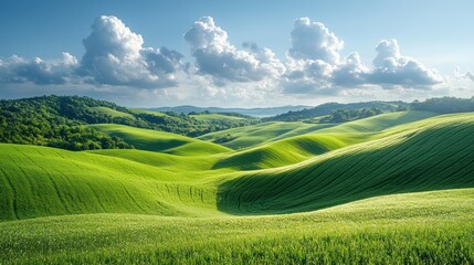 Obraz premium Rolling Green Hills under a Summer Sky: A Pastoral Landscape