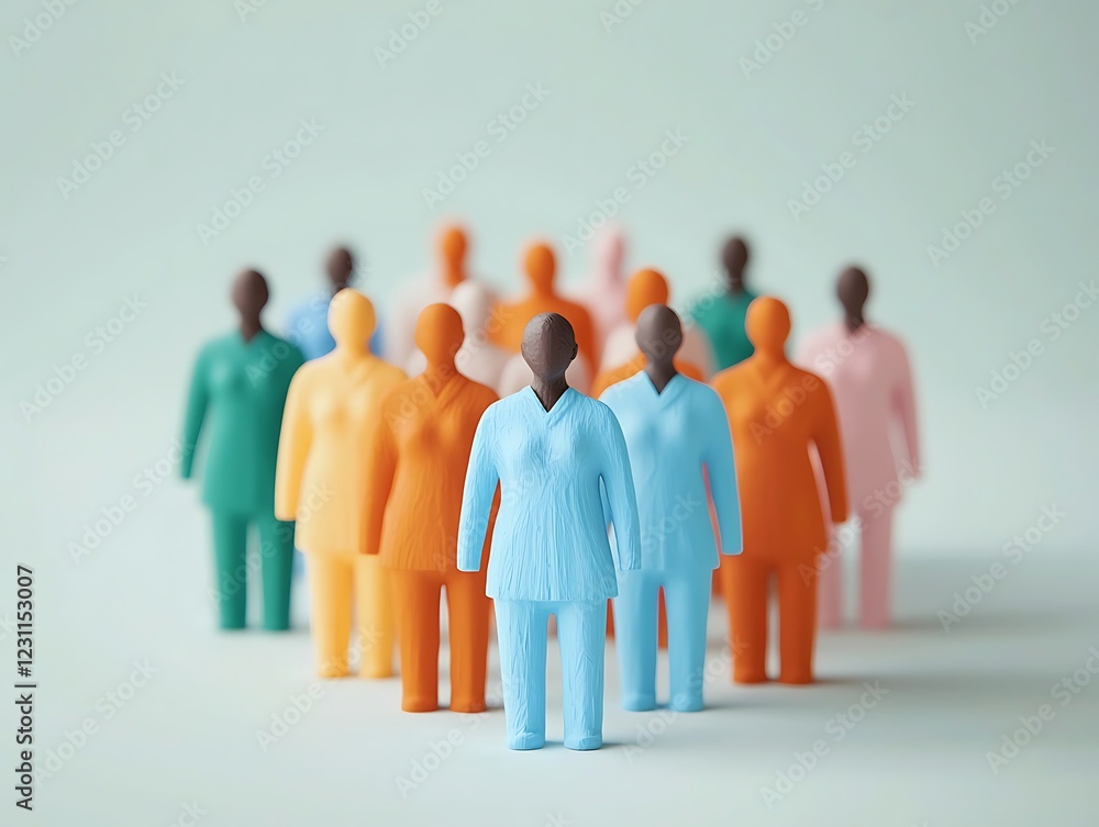 Poster a diverse group of colorful miniature figures representing unity and teamwork against a soft backgro