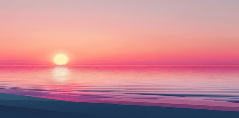 Obraz premium Pink Sunset Over Calm Ocean Beach Scene