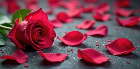 Rose petals scattered on the ground with some stems and leaves nearby, flower, stems, texture