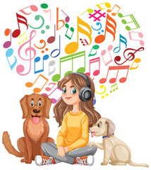 Girl Enjoying Music with Her Dogs