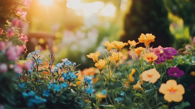 Vibrant photo of a colorful flower garden with blooming plants. Morning sunlight creating a warm ambiance. Emphasizing nature's beauty and tranquility. Perfect for gardening and nature content.
