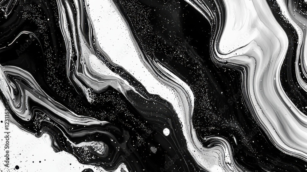Poster Black and White Abstract Swirls with Sparkling Texture and Depth