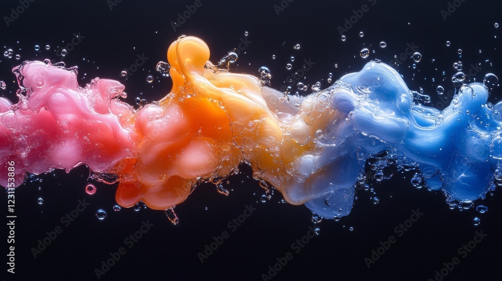 Poster fluid dynamics: vibrant liquid in motion at high speed captured in stunning display of colors and pa