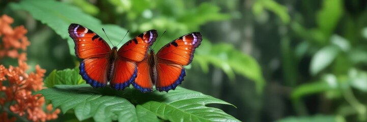 Fototapeta premium Scarlet Peacock butterfly on a green leaf with blurred background, insect species, botanical garden
