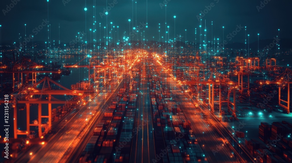 Aufkleber night view of a busy container port with glowing lights and digital network connections. illustrates