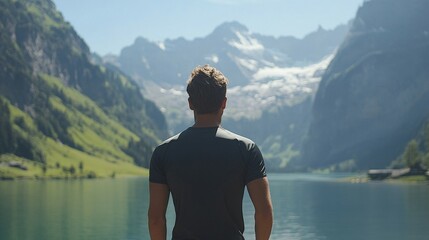 Fototapeta premium Man Contemplating Majestic Mountain Lake View