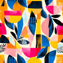 A vibrant abstract composition featuring colorful shapes and botanical elements.