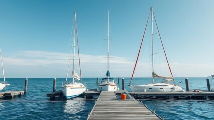 Fototapeta premium Seaside boat dock with sailboats and fishing nets, , seaside boat dock