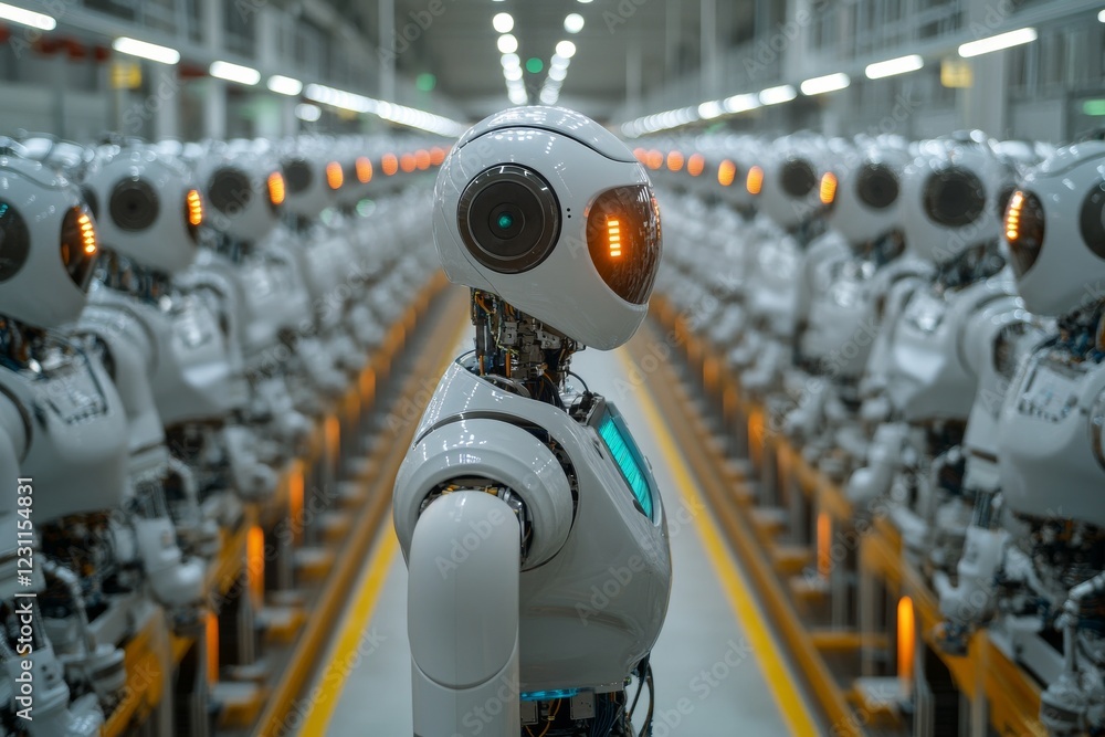 Poster advanced robotics manufacturing plant with cutting-edge machinery in full operation showing efficien