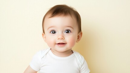 Naklejka premium Portrait of a Happy Baby with Light Skin and Brown Hair Against a Pale Yellow Background