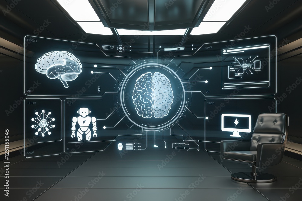 Poster futuristic ai control room: advanced technology and neural networks