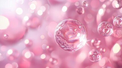 Soft Pink Bubbles with Light Reflections on a Dreamy Background