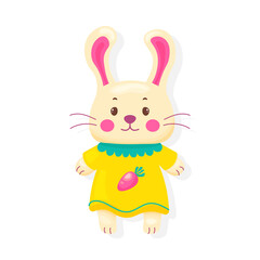 Easter bunny girl in yellow dress with carrot print. Hand drawn isolated on white background.