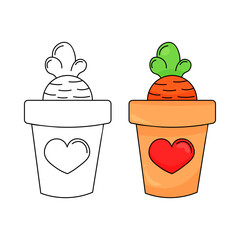 Carrot  coloring page. In a pot. Color book for kids with colored example. Vegetables, autumn, Easter. Retro style. Vector stock image isolated on white background.