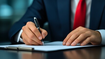 Businessman in a suit writing on paper, detailed depiction of professional work