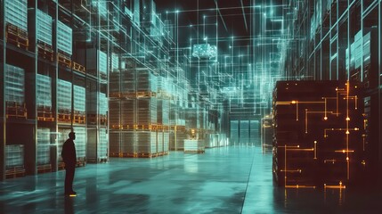 Blockchain in Supply Chain Management: A high-definition, photorealistic image of a warehouse with a digital overlay of a blockchain network tracking the movement of goods