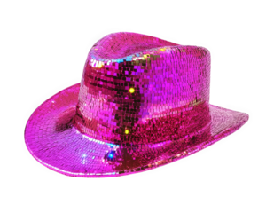 vibrant pink disco hat covered in sequins, perfect for parties and celebrations. This funky accessory adds fun touch to any outfit and is ideal for dance events