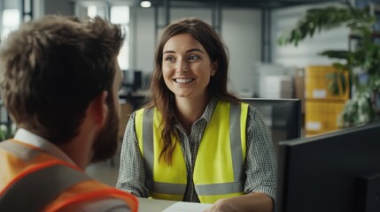 a realistic image of an interview scene in an office. the interviewer is a warehouse manager in a yellow hi vis vest and the interviewee is wearing smart casual clothing and smiling.