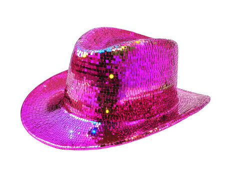vibrant pink disco hat covered in sequins, perfect for parties and celebrations. This funky accessory adds fun touch to any outfit and is ideal for dance events