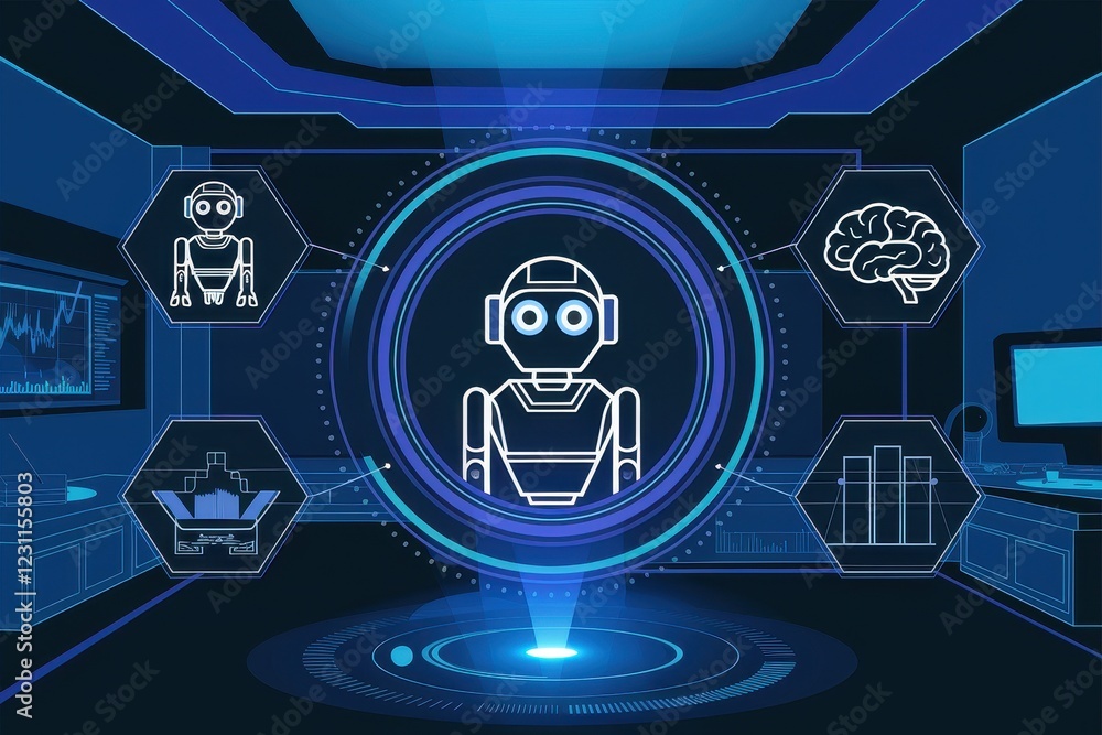 Poster ai robot interface: futuristic technology in a modern office setting