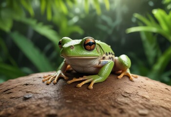Naklejka premium Small frog resting on a coconut leaf with its feet tucked in, tropical rest, leafy greens, forest floor