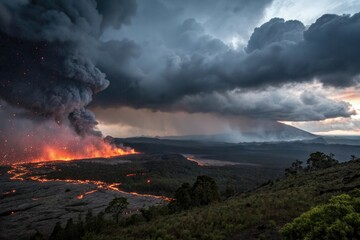 Smoldering embers suspended in a dense veil of dark cloud, ember clouds, particulate matter
