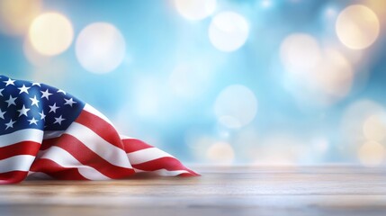 Rustic american flag display on wooden table with patriotic bokeh, a vintage celebration of usa