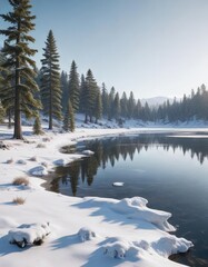 Snow-covered landscape with a frozen lake and pine trees in the background , serene scene, frozen landscape