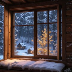Snowflakes gently fall against the windowpane of a cozy cabin, cozy interior, wintry ambiance, peaceful atmosphere