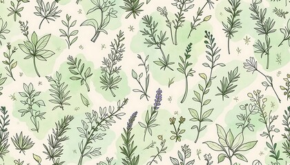 Seamless pattern of hand-drawn herbs and plants, botanical illustration, watercolor background, green leaves, floral design, nature wallpaper, detailed drawing of various herbs.