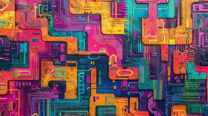 Colorful Abstract Circuit Board Design with Bright Neon Elements