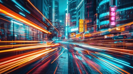 Fototapeta premium Vibrant Night City Scene with Colorful Light Trails and Skyscrapers