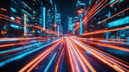 Vibrant Night Cityscape with Light Trails from Moving Vehicles