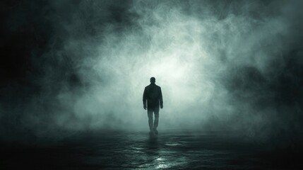 Fototapeta premium Mysterious Figure Walking Through Fog in Dim Light Environment