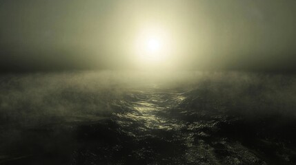 Ethereal Mist Over Ocean Waves at Sunrise with Soft Light Glow